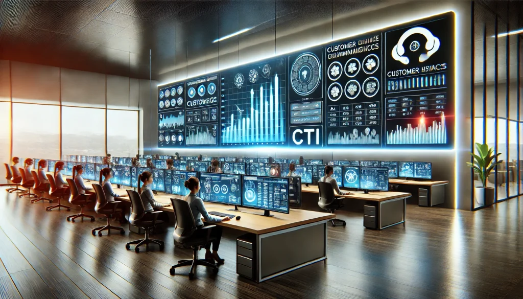 Call center agents using CTI software with CRM and telephony integration for efficient customer service